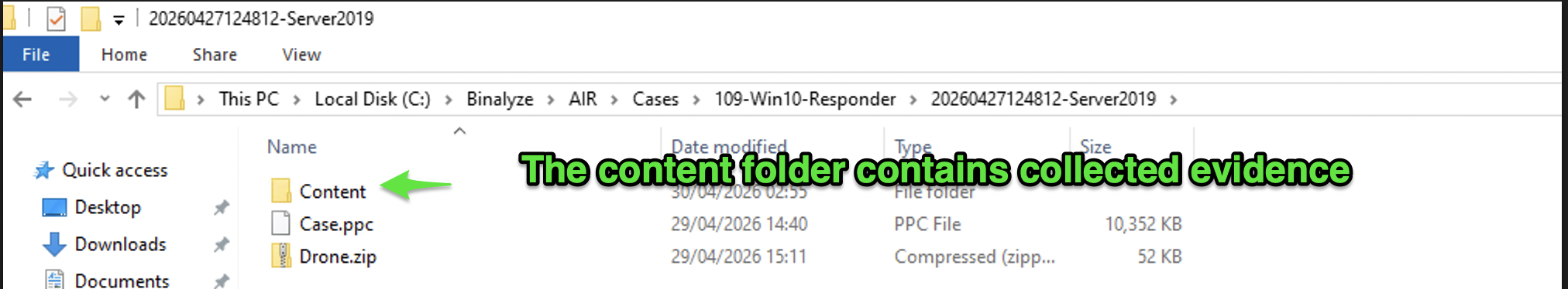 evidence.zip content showing the Content folder, Case.ppc, and Drone.zip